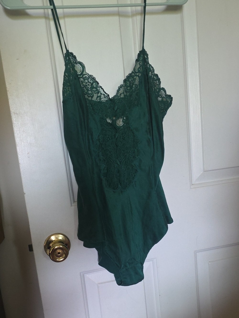 Vintage Victoria Secret Lace Trim Emerald Green Satin Bodysuit